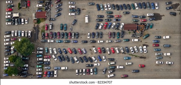 vertical aerial view over car parking place
