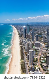 Vertical aerial view of sunny Surfers Paradise on the Gold Coast, Queensland, Australia