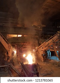 Vertical Of Arc Blast Furnace In Hot Rolled Coil Or Steel Manufacturing Plant In An Industrial Estate.