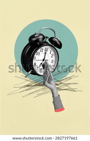 Vertical art 3d creative image collage of human hand hold alarm clock deadline ring early morning expire timepiece schedule.