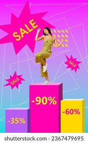 Vertical artwork collage image of positive overjoyed girl stand big percent sale podium dance isolated on gradient background - Shutterstock ID 2367479695
