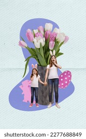 Vertical artwork collage picture astonished mother daughter hold hands wear bunny ears big fresh tulip flowers vase