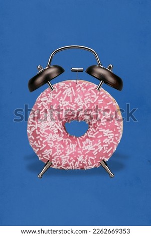 Vertical artwork collage picture of big glazed donut bell ring clock isolated on creative blue background