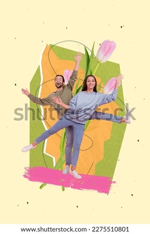 Vertical artwork collage of two excited overjoyed partners dancing big tulip flower isolated on painted background