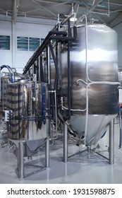 Vertical Background Image Of Filtration And Fermentation Tanks At Modern Industrial Brewery, Copy Space