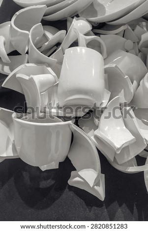 A vertical background showing a pile of broken white ceramic mugs and shards lying on a dark black surface.