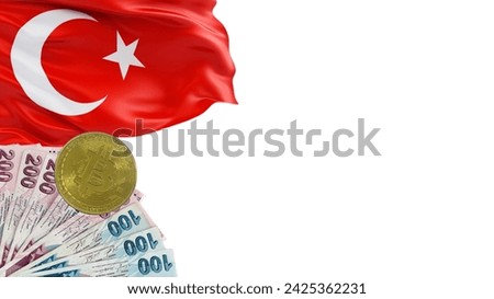 Vertical background of Turkish flag, Bitcoin coin and fan of turkish lira cash money . Banner for website, desktop wallpaper, copy space for text and advertising, blank, blank, white, free space