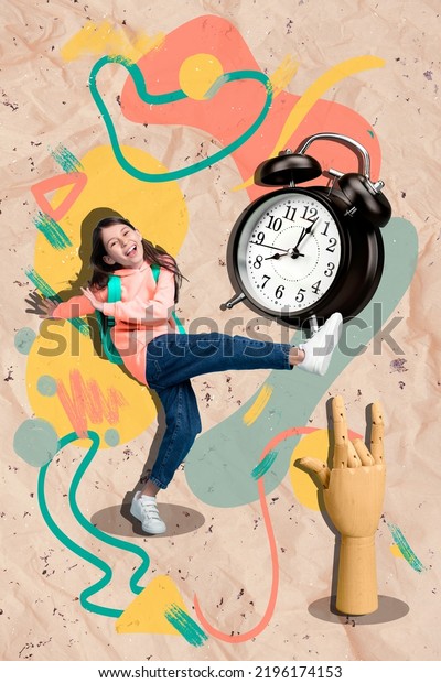 Vertical\
banner collage of little girl near clock rock wear casual cloth\
isolated on painting light color\
background