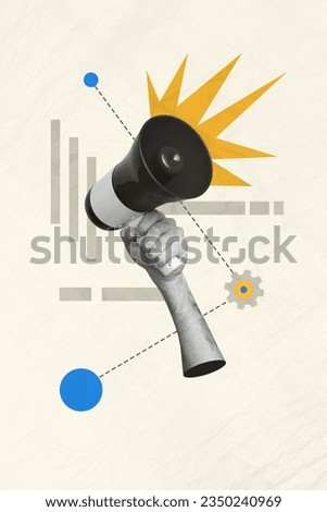 Vertical banner photo black white collage of arm holding loud speaker announcing idea isolated on drawing background