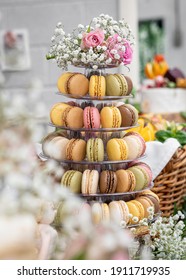 Vertical Beautiful Macaron Cake Patisserie Multi Tier Stand Full French Macaroons All Flavours Colours At Real Wedding With Flowers Roses Pink Strawberry Yellow Brown Chocolate Cookies Pyramid Tower