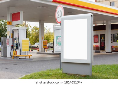 Vertical billboard at the entrance of a gas station, mock up.