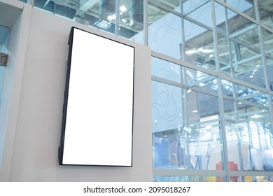 Vertical blank digital interactive white display wall at exhibition or museum with futuristic scifi interior. White screen, mock up, future, copyspace, template, technology concept - Shutterstock ID 2095018267