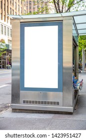 Vertical Blank White Billboard Mockup For Advertising, Bus Stop At New York City Buildings And Street Background