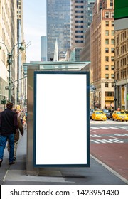 Vertical Blank White Billboard Mockup For Advertising, Bus Stop At New York City Buildings And Street Background