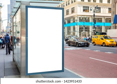 Vertical Blank White Billboard Mockup For Advertising, Bus Stop At New York City Buildings And Street Background