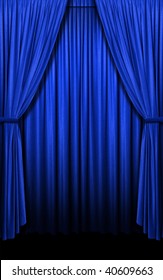 Vertical Blue Curtain Open Evenly With Shadows And Light