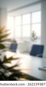 Vertical blurred office background with soft natural lighting and clean interior design. Empty workspace with desk and modern furniture. Perfect for corporate templates, business visuals, copy space