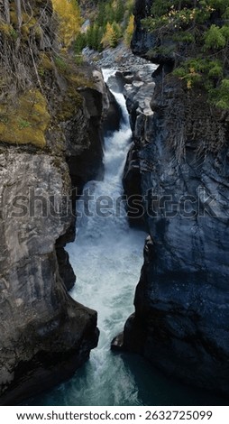 A vertical breathtaking view of a waterfall in Nairn Falls Provincial Park, Canada, surrounded by rocky mountains and evergreen forest