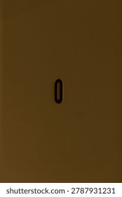Vertical brown panel with central zero, tall composition shows textured metal surface, rivet marks, patina and subtle shadow, industrial mood with balanced
