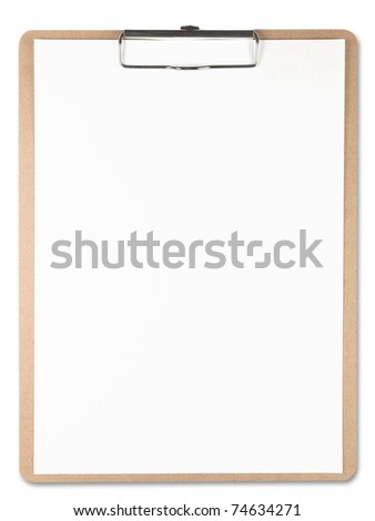 Vertical clipboard with white paper. Isolated on white.