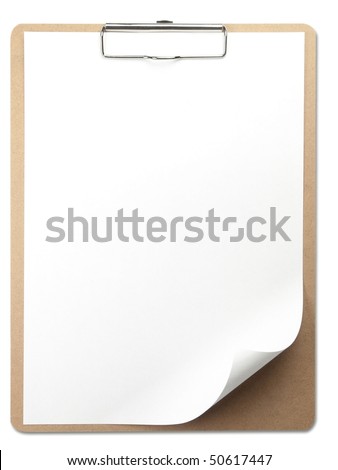 Vertical clipboard with white paper. page corner curled. Isolated on white.
