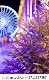 Vertical close up night view of a small evergreen Christmas tree illuminated by neon lights with a blurred Ferris wheel and building arcade arches lit in purple.