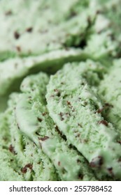 A vertical close up shot of chocolate mint ice cream.
