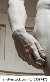 Vertical close up view of David's hand details.  Sculpture done by famous Italian sculptor Michelangelo