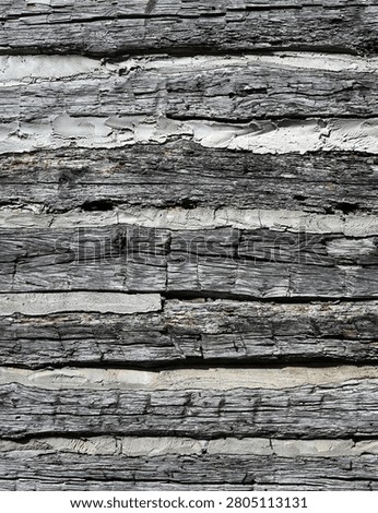 Vertical close up of weathered log cabin wall logs with flat split cracked wood, raised grain and several bent nails. The thick uneven chinking fills the gaps between the logs, with cracked and chipped areas exposing open spaces.