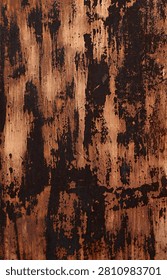 A vertical close up of a weathered rust covered door surface. The worn white paint is chipping, cracking, flaking, and worn off to reveal oxidized metal underneath. The corrosion and rust‑stained weatherworn paint create an abstract appearance.