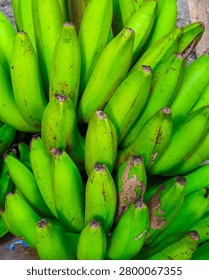 A vertical close-up shot looking down at a cluster of vibrant green bananas, highlighting the distinct dark brown tips of each fruit and some minor cosmetic scars on their skins.
