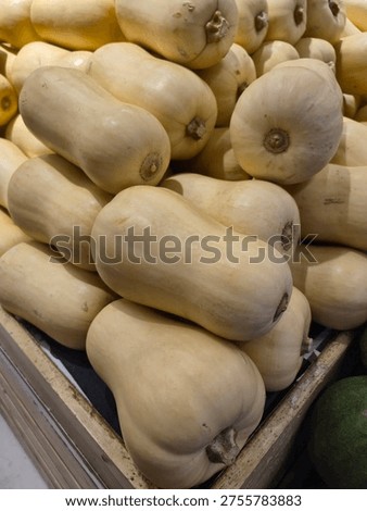 A vertical close-up of a smooth-skinned butternut squash amongst a pile of other produce in a grocery store.