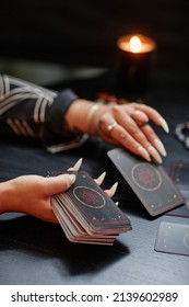 Vertical Closeup Of Unrecognizable Black Woman Reading Tarot Cards Over Table In Fortune Tellers Shop