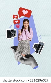 Vertical collage of arm hold smart phone display cunning tricky girl lollipop candy like notification retro photo camera isolated on paper background