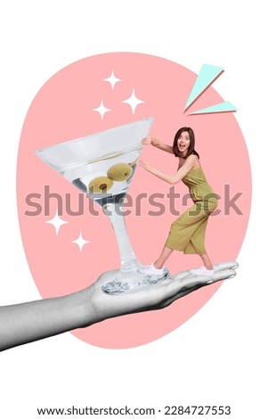Vertical collage artwork poster young woman stay huge hand push vermouth glass alcohol shot drink party bar isolated on white pink background