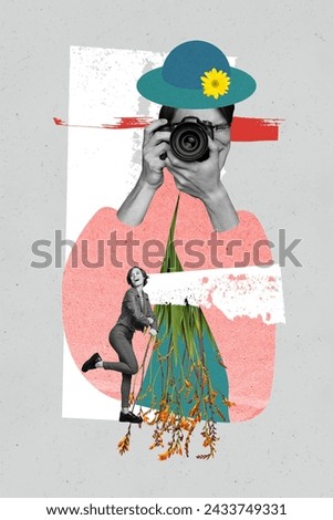 Vertical collage black white colors guy sunhat take photo camera mini excited girl dance flowers upside down isolated on grey background