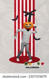 Vertical collage brochure crazy mad scary no face character dancing hanging strings isolated drawing background
