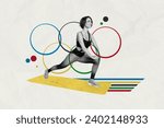 Vertical collage creative illustration beautiful happy sporty girl yoga stretch sportswoman aerobics draw mat ring colorful background
