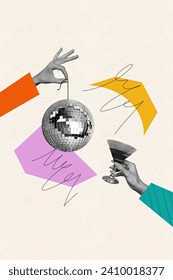 Vertical collage creative poster black white filter two hand abstract hold glass disco ball party retro alcohol toast sketch template