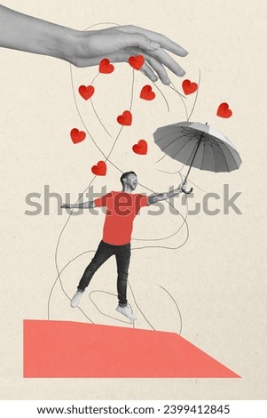 Vertical collage creative poster black white filter hand pour rain excited funky young man fly high wind umbrella beige background