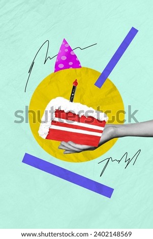 Vertical collage creative poster black white filter hand hold party cake birthday candle cone event doodle sketch draw exclusive template