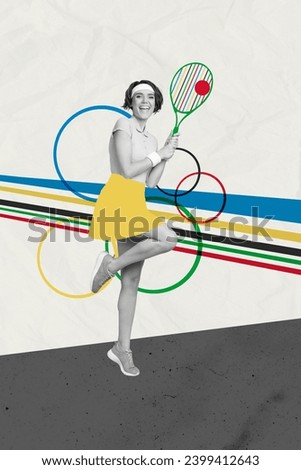 Vertical collage creative poster excited happy lady play tennis sportive sportswoman exercise championship olympic ring colorful background
