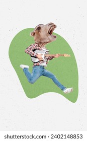 Vertical collage creative poster headless absurd funny caricature camel jump play electric guitar rock mask green blotch white background