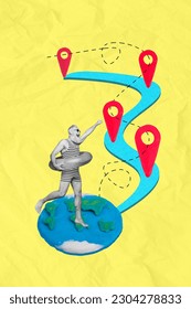 Vertical collage of excited black white gamma grandfather inflatable ring plasticine planet earth globe destination mark yellow paper background