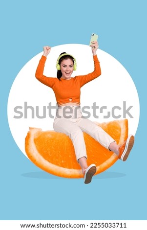 Vertical collage of excited positive mini girl sit huge slice orange fruit hold telephone listen music raise fists success achieve
