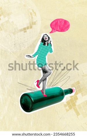Vertical collage of excited pretty mini black white effect girl dancing big wine bottle disco ball dialogue bubble isolated on creative background