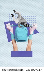 Vertical collage of funky dancing breakdance young man positive over blue stylish backpack rollerblades legs isolated on blue background