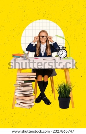 Vertical collage of happy cheerful kid hands touch glasses big pile stack book desktop bell ring clock isolated on yellow background
