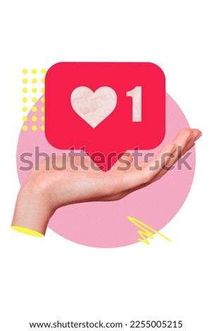 Vertical collage illustration of arm palm hold like notification telegram instagram tiktok facebook