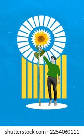 Vertical collage illustration black white colors guy hand hold hanging big sunflower save support ukraine isolated drawing background